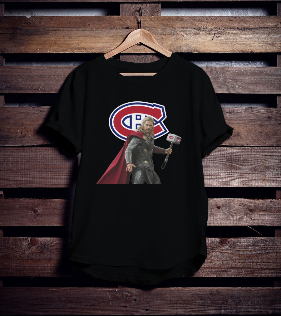 Canadiens Logo With Hero Holding Mjölnir Hammer T-Shirt