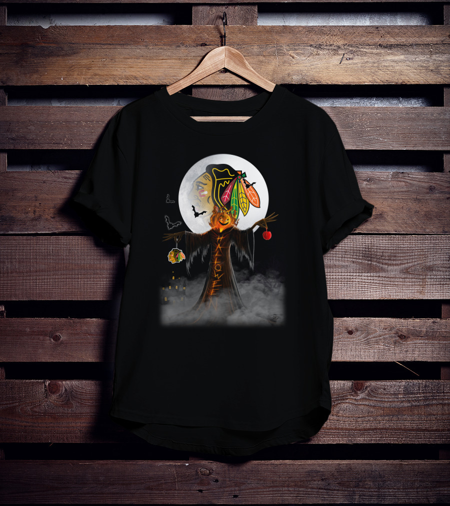Halloween Chicago Blackhawks Moonlit Pumpkin Scarecrow Bats T-Shirt