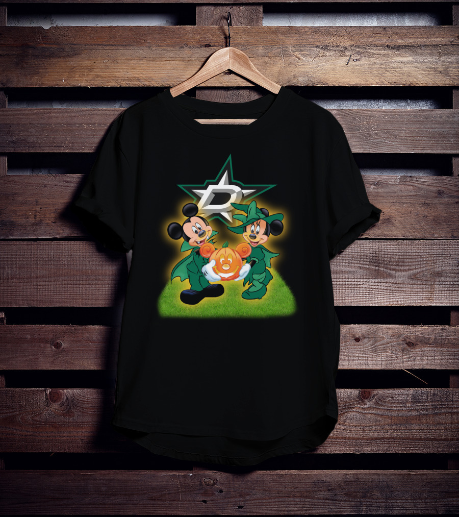 Dallas Stars Halloween Mickey And Minnie With Pumpkin On Grass Background T-Shirt