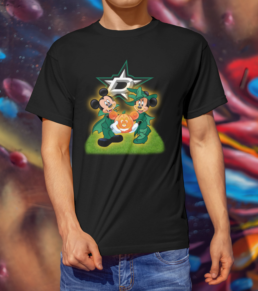 Dallas Stars Halloween Mickey And Minnie With Pumpkin On Grass Background T-Shirt