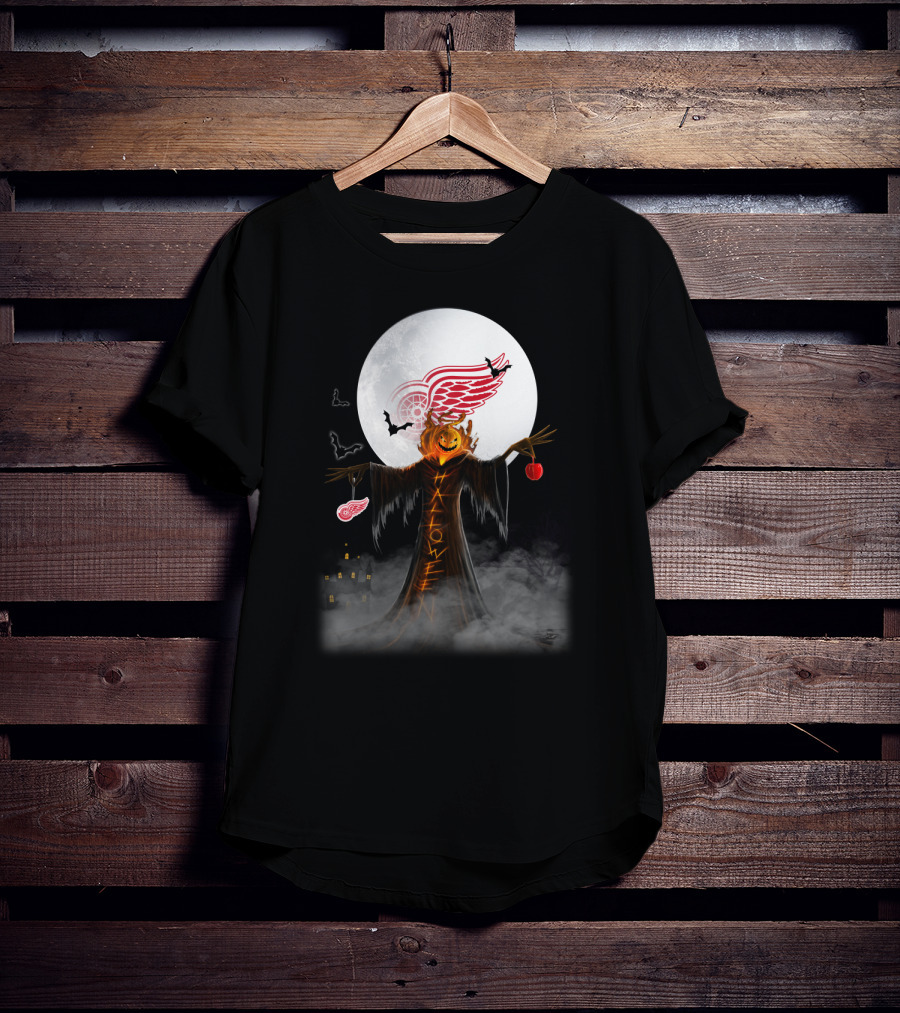 Halloween Detroit Red Wings Pumpkin Moon Bats Castle T-Shirt