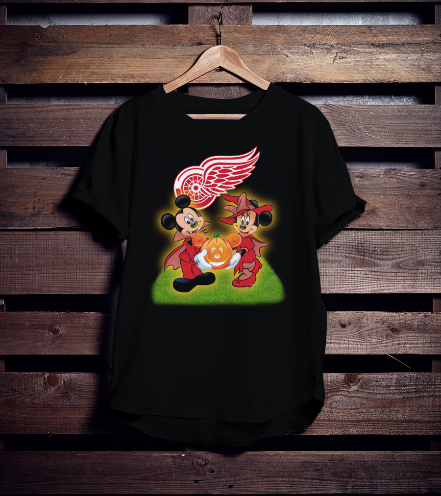Detroit Red Wings Mickey And Minnie Halloween Pumpkin T-Shirt