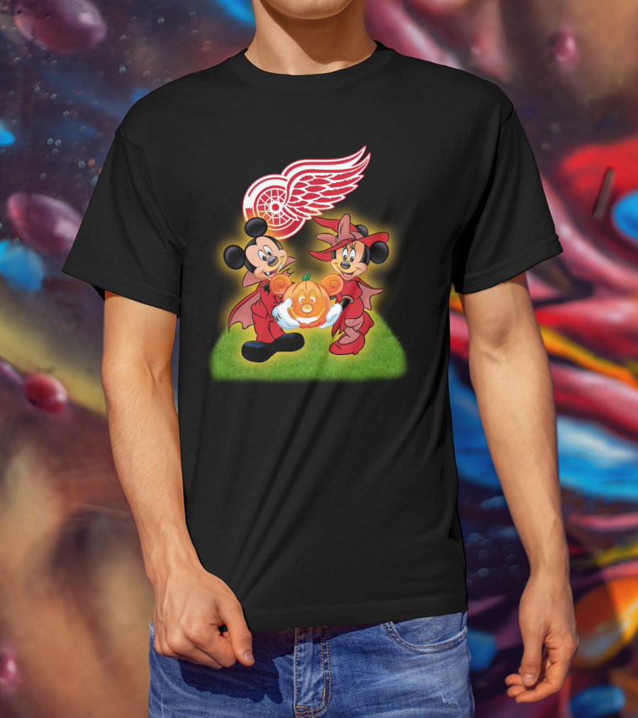 Detroit Red Wings Mickey And Minnie Halloween Pumpkin T-Shirt