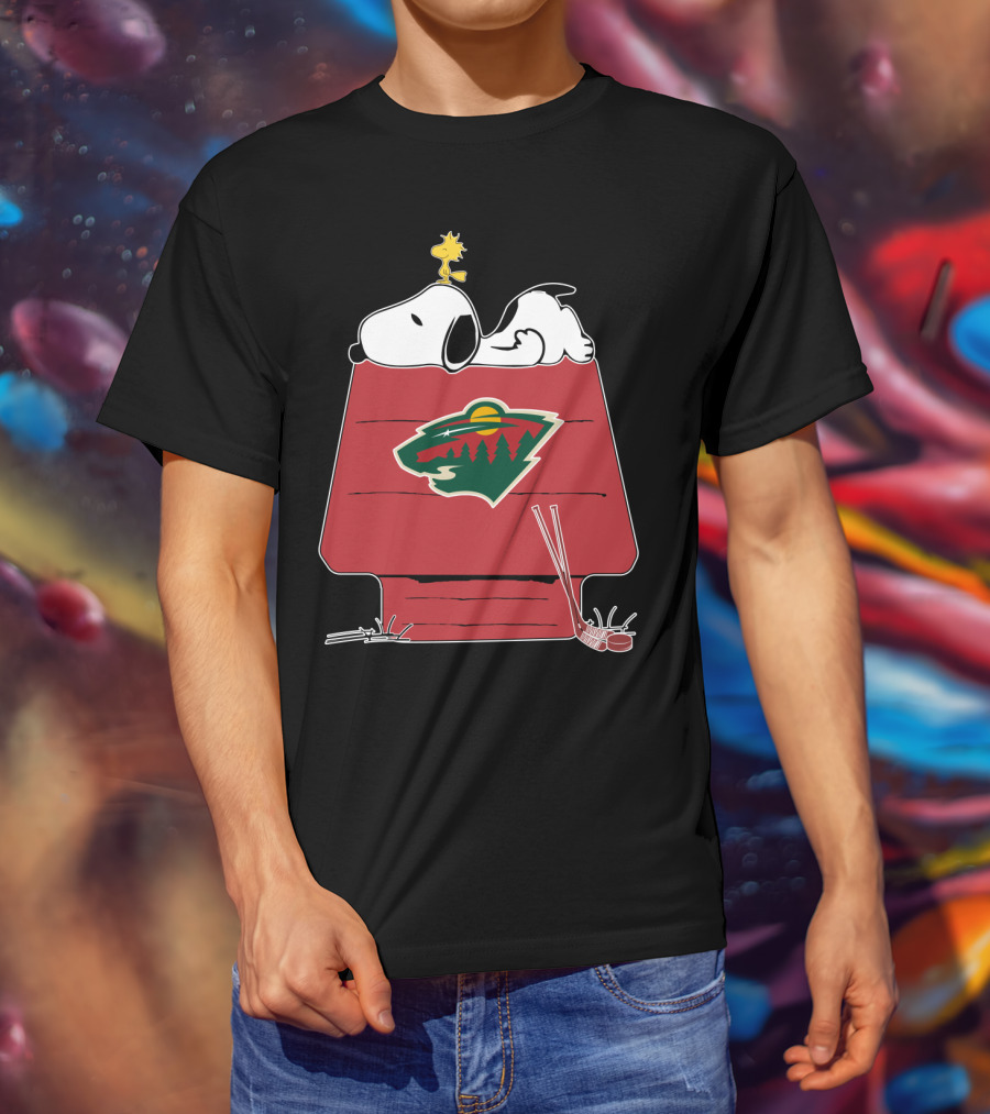 Snoopy On Doghouse With Minnesota Wild Logo And Hockey Gear T-Shirt