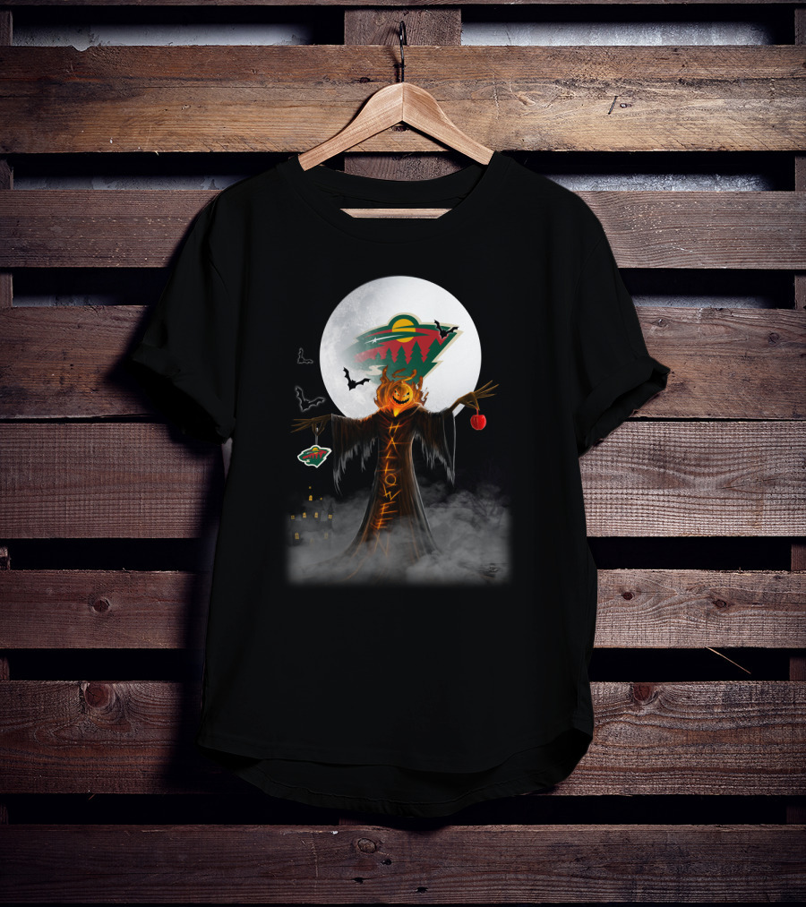Halloween Pumpkin Scarecrow With Minnesota Wild Logo And Bats In Moonlit Haunted Scene T-Shirt
