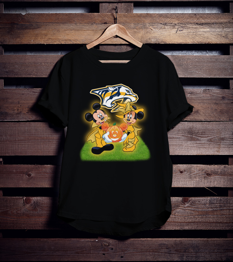 Mickey And Minnie Halloween Nashville Predators Pumpkin T-Shirt