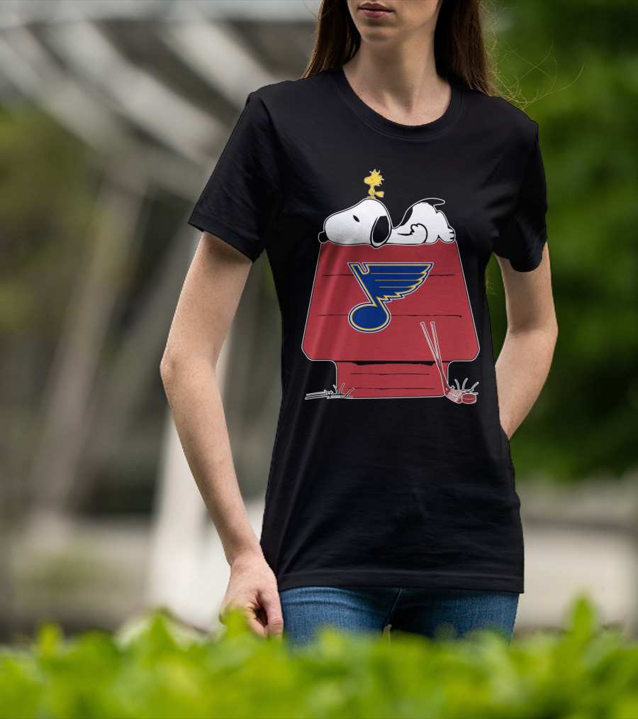 Snoopy And Woodstock With St. Louis Blues Logo On Doghouse T-Shirt