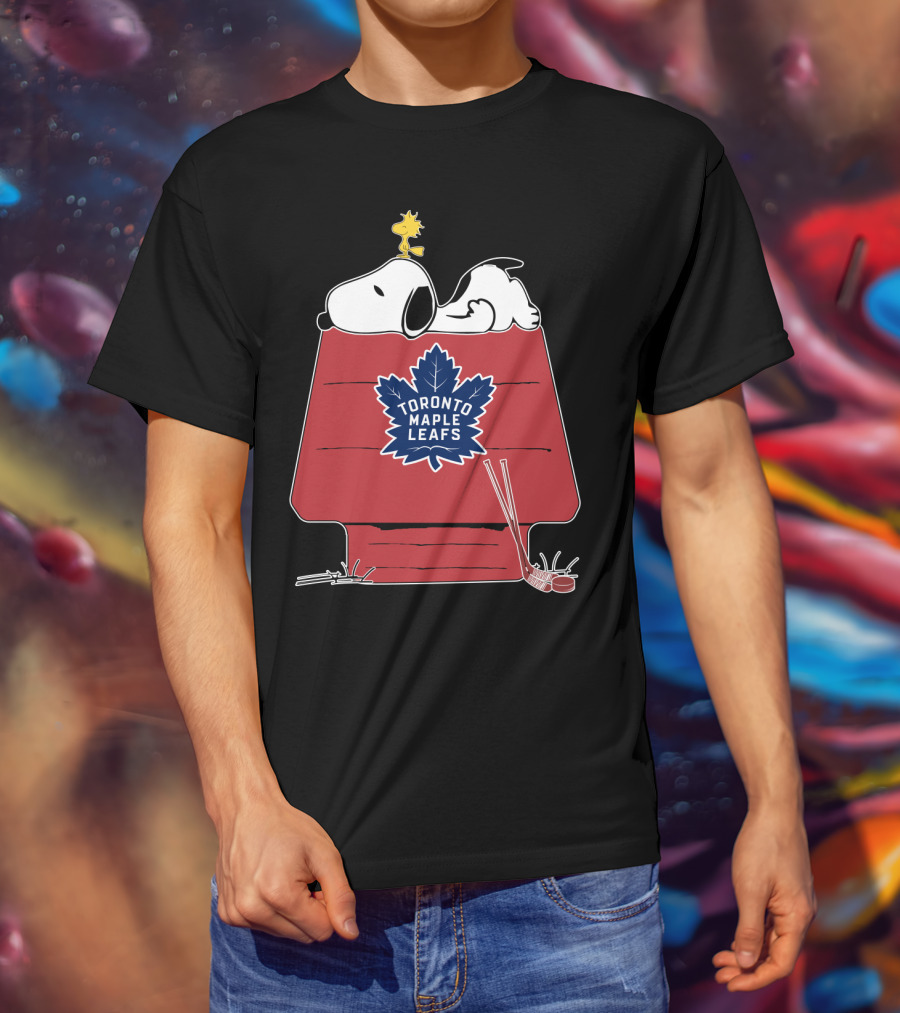 Snoopy And Woodstock With Toronto Maple Leafs Logo On Red House With Hockey Sticks T-Shirt