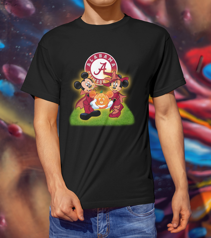 Alabama Crimson Tide Mickey And Minnie Halloween Football Pumpkin T-Shirt