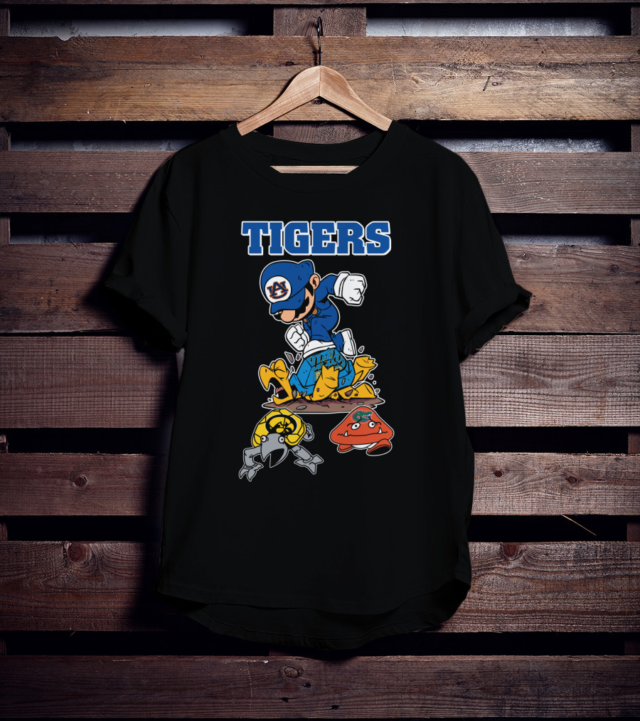 Auburn Tigers Football Character Jumping Over Classic Game Style Opponents T-Shirt