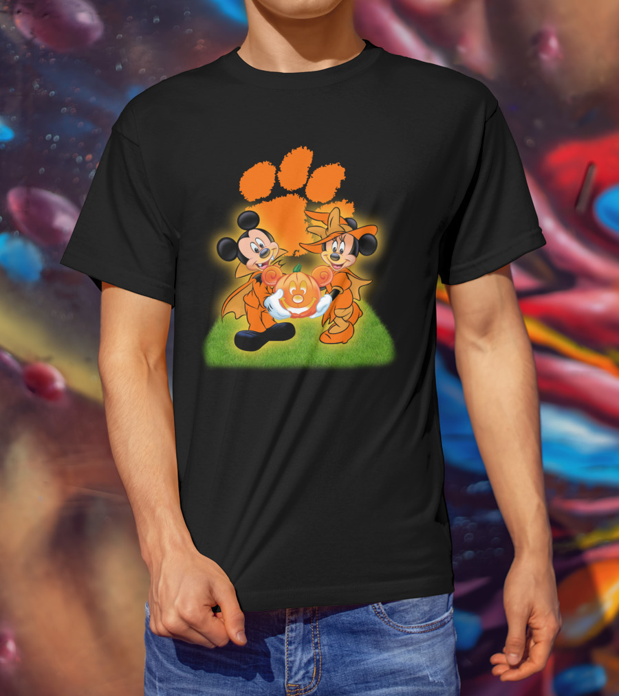 Clemson Halloween Football Mickey Minnie Pumpkin Paws T-Shirt