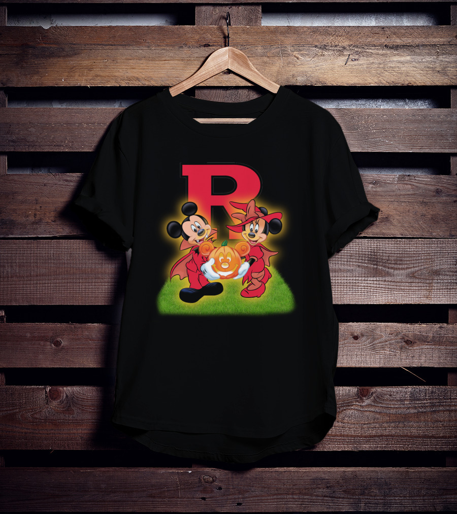 R Rutgers Halloween Mickey Minnie Pumpkin Football T-Shirt