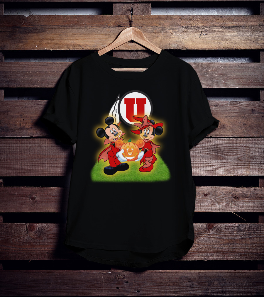 Utah U Halloween Football Pumpkin With Mickey And Minnie Mouse T-Shirt