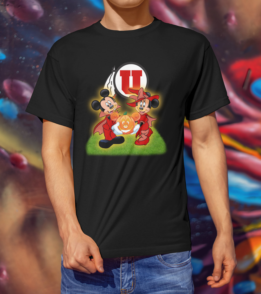 Utah U Halloween Football Pumpkin With Mickey And Minnie Mouse T-Shirt