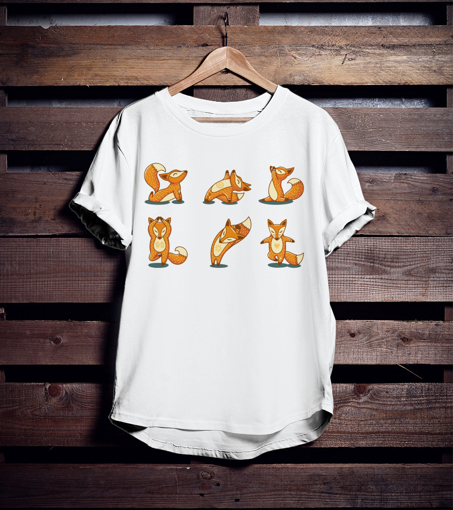 Fox Yoga Poses Playful Cartoon Style T-Shirt