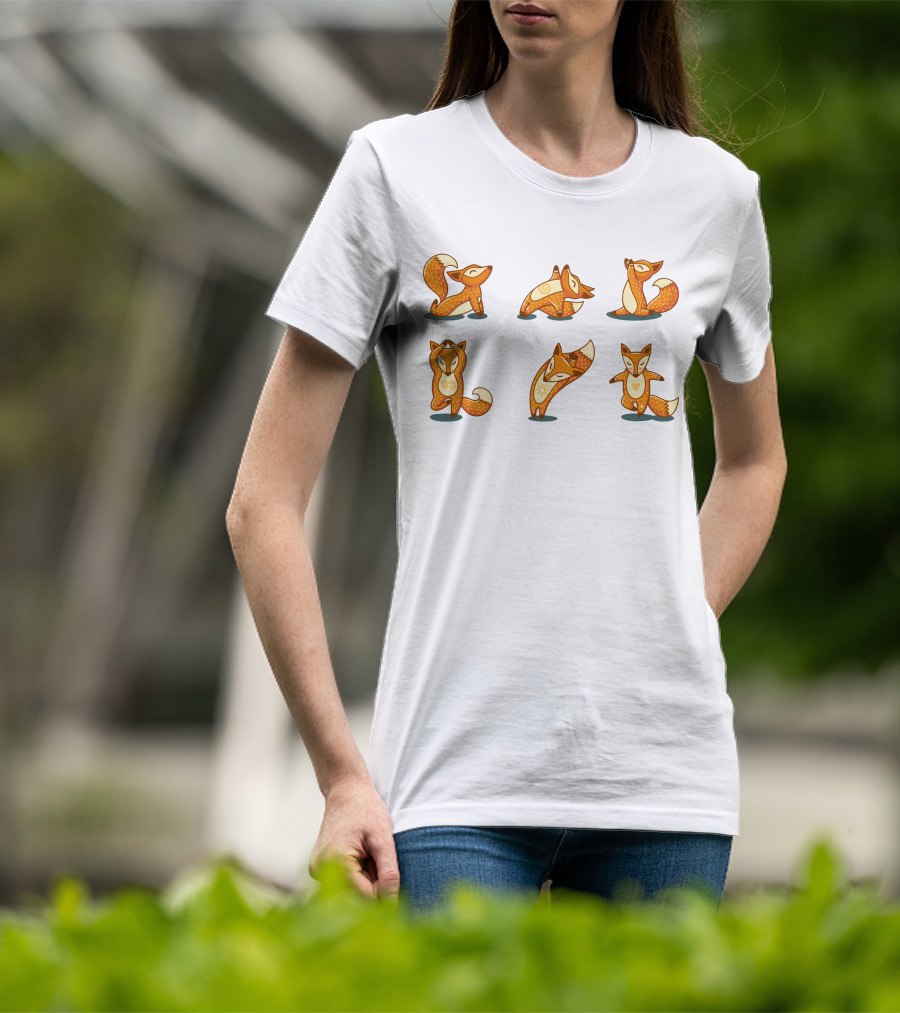 Fox Yoga Poses Playful Cartoon Style T-Shirt