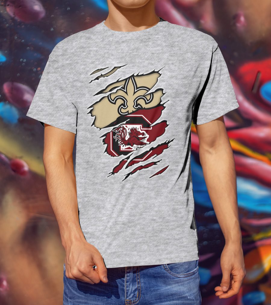 New Orleans Saints And South Carolina Gamecocks Logo Fusion T-Shirt