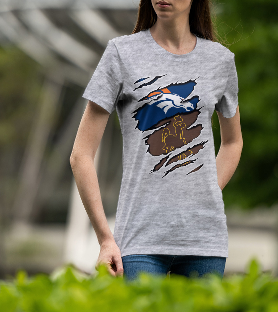 Denver Broncos And Wyoming Cowboys Ripped T-Shirt