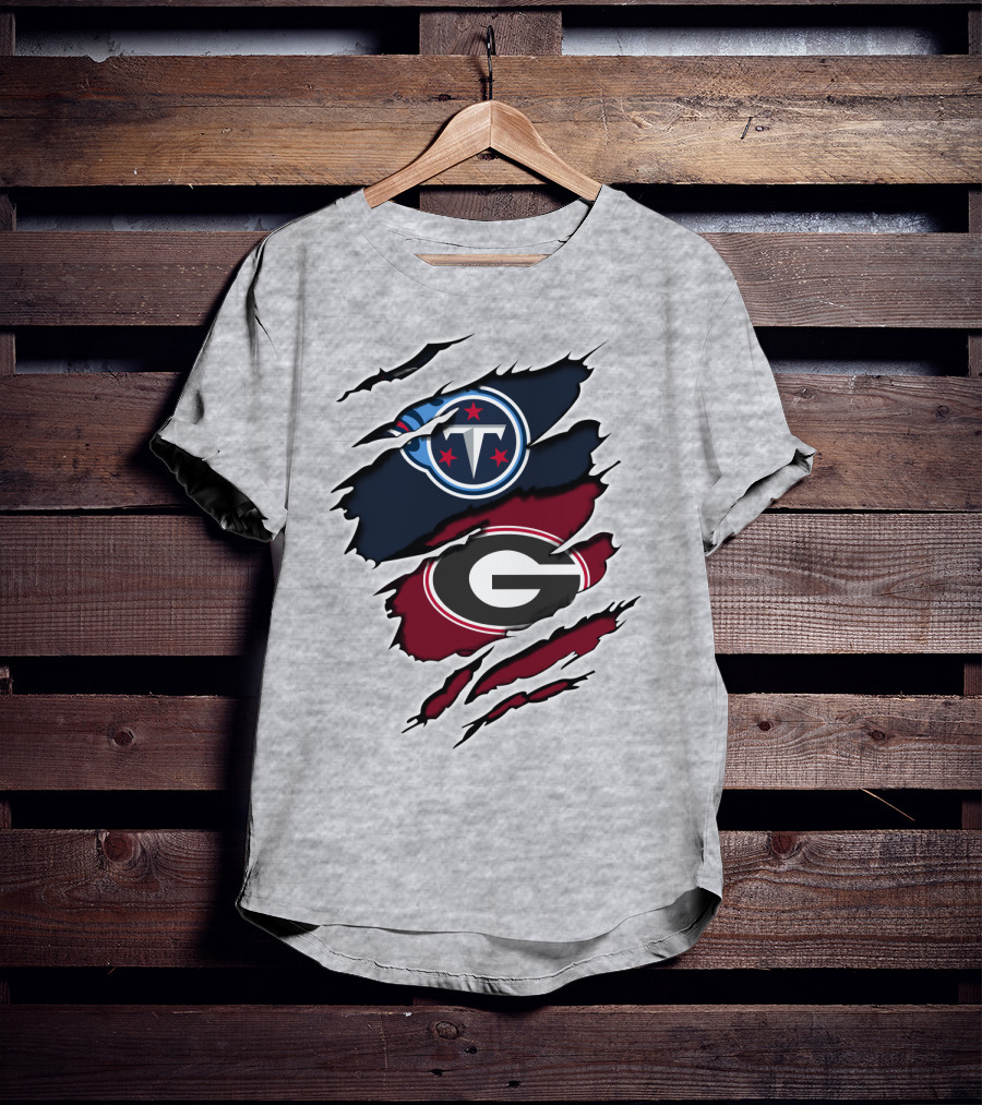 Tennessee Titans Georgia Bulldogs Claw Marks Fusion Logo With Team Icons And Colors T-Shirt