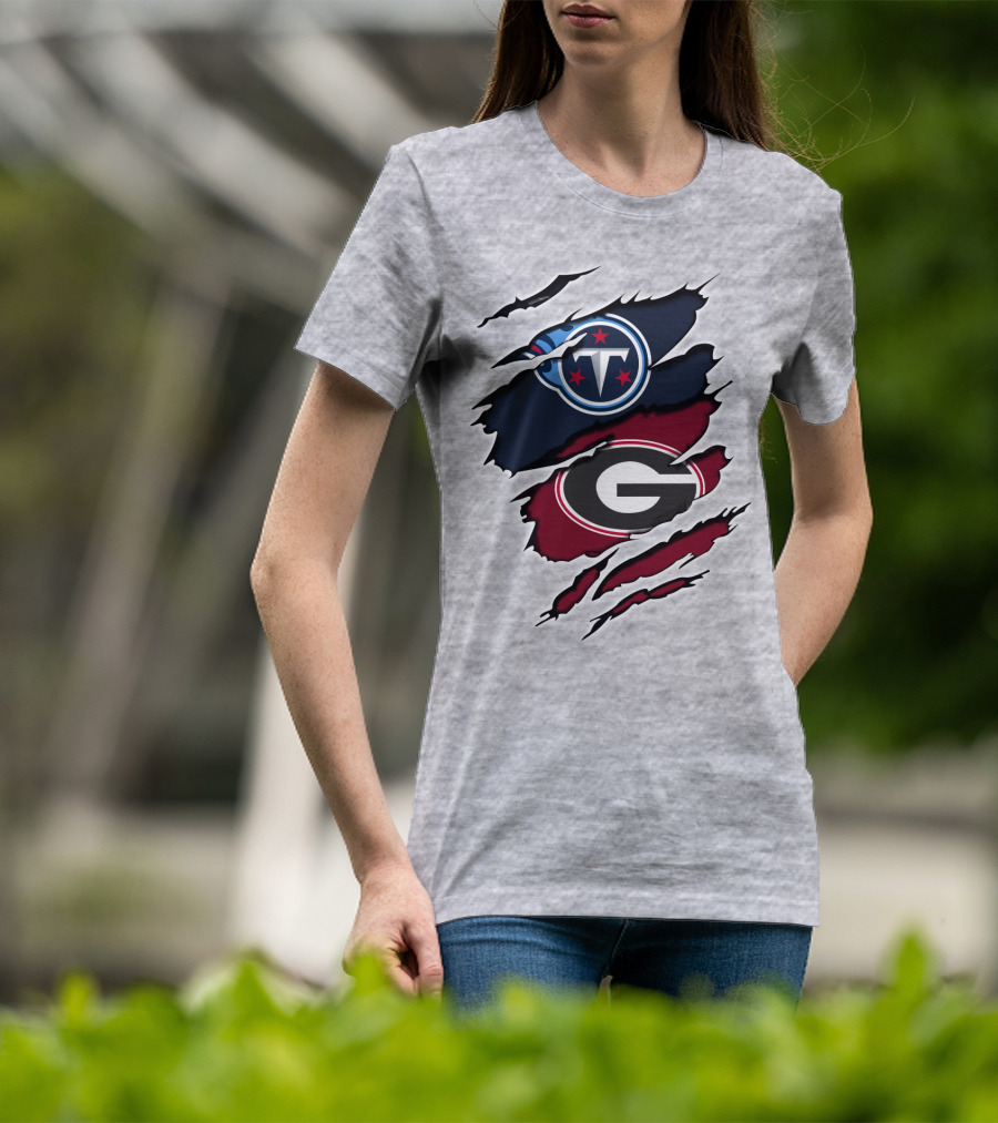 Tennessee Titans Georgia Bulldogs Claw Marks Fusion Logo With Team Icons And Colors T-Shirt