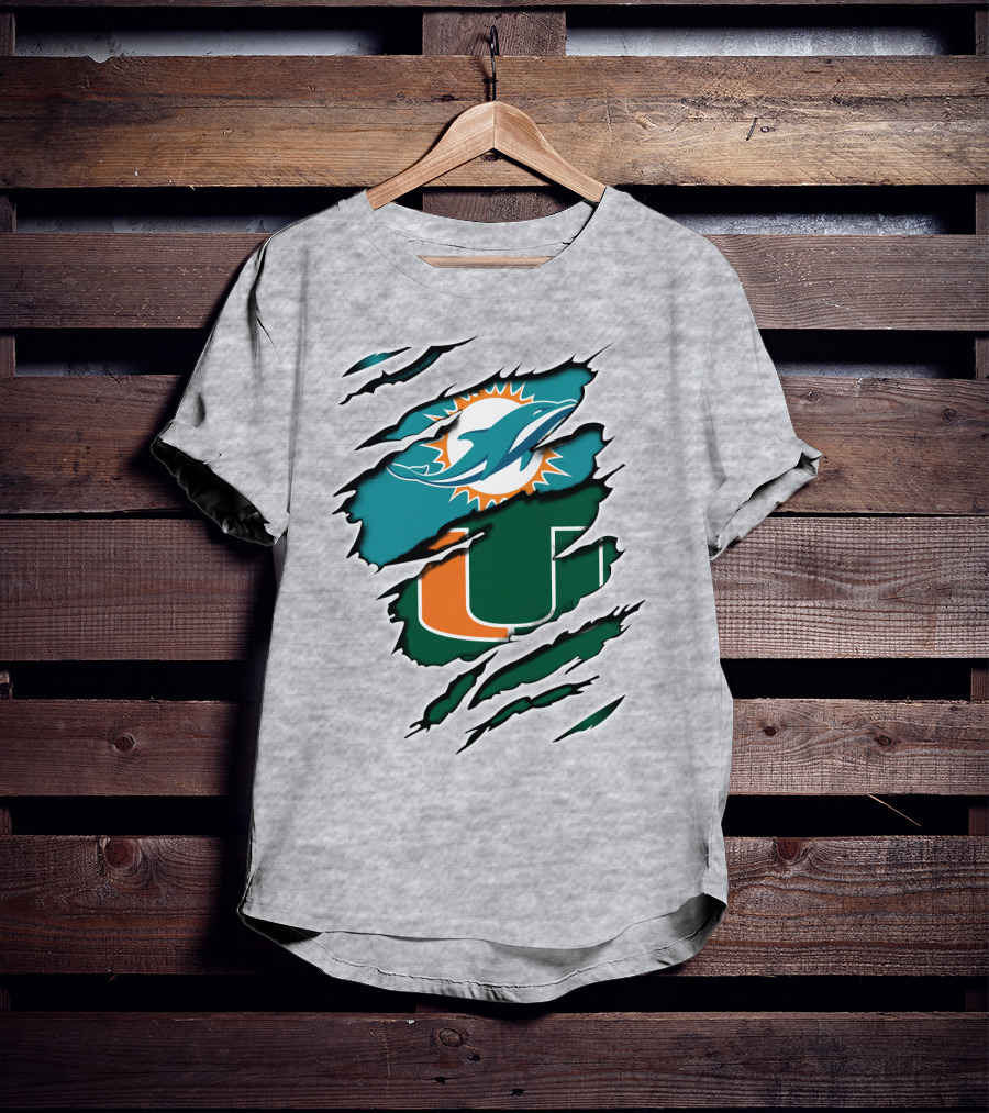 Miami Dolphins Miami Hurricanes Fan Torn U Logo Dolphin T-Shirt