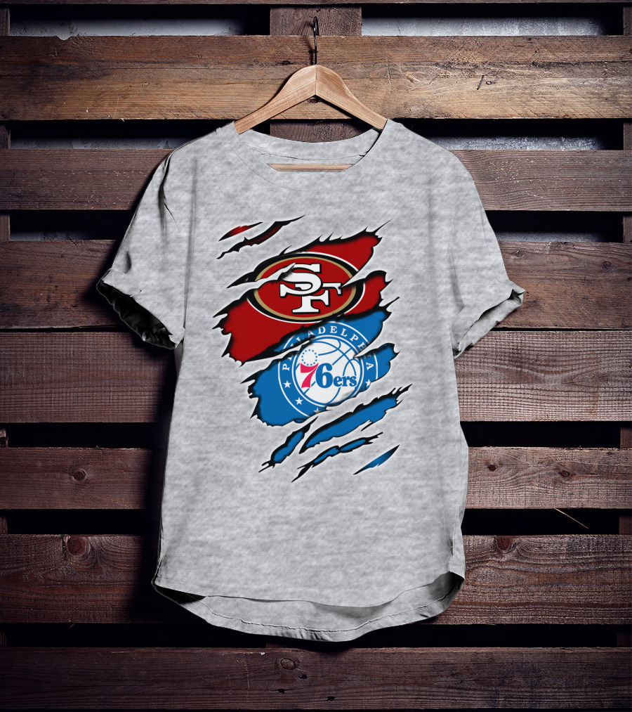 49Ers Sf 76Ers Philadelphia Logos IN Scratched T-Shirt