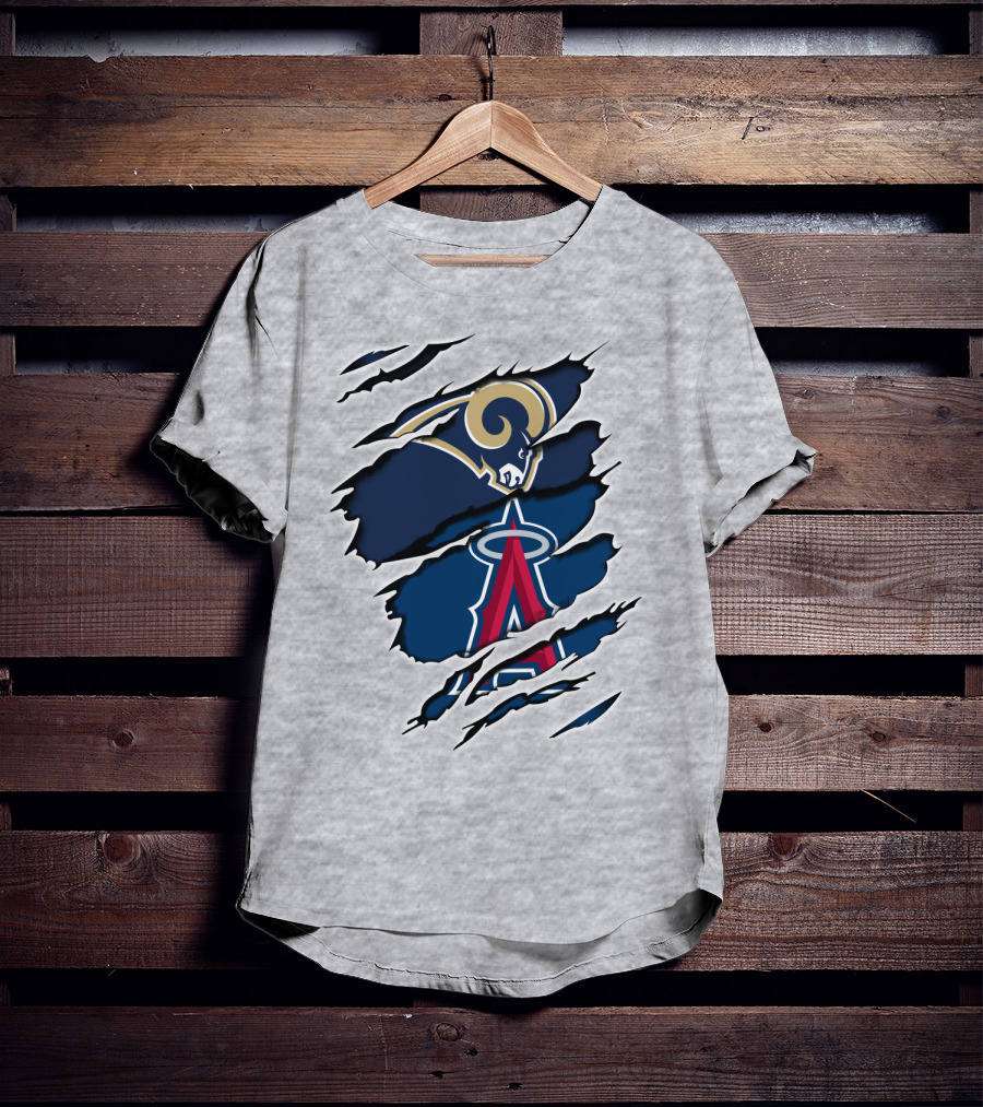 Rams Angels Rams Angles Logo Mashup On Ripped Blue Background T-Shirt