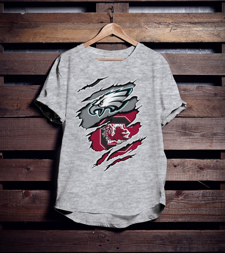 Eagles Gamecocks Logo Clash On Ripped Grey Background T-Shirt