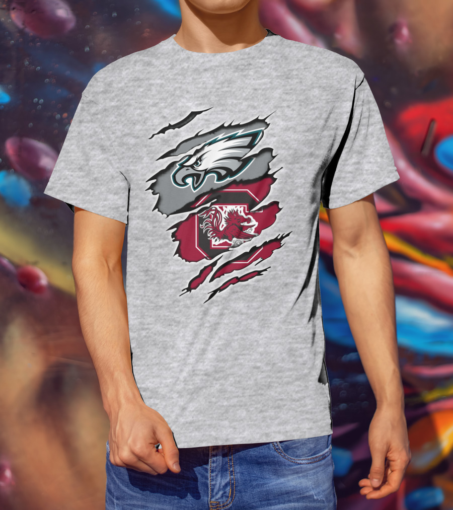 Eagles Gamecocks Logo Clash On Ripped Grey Background T-Shirt