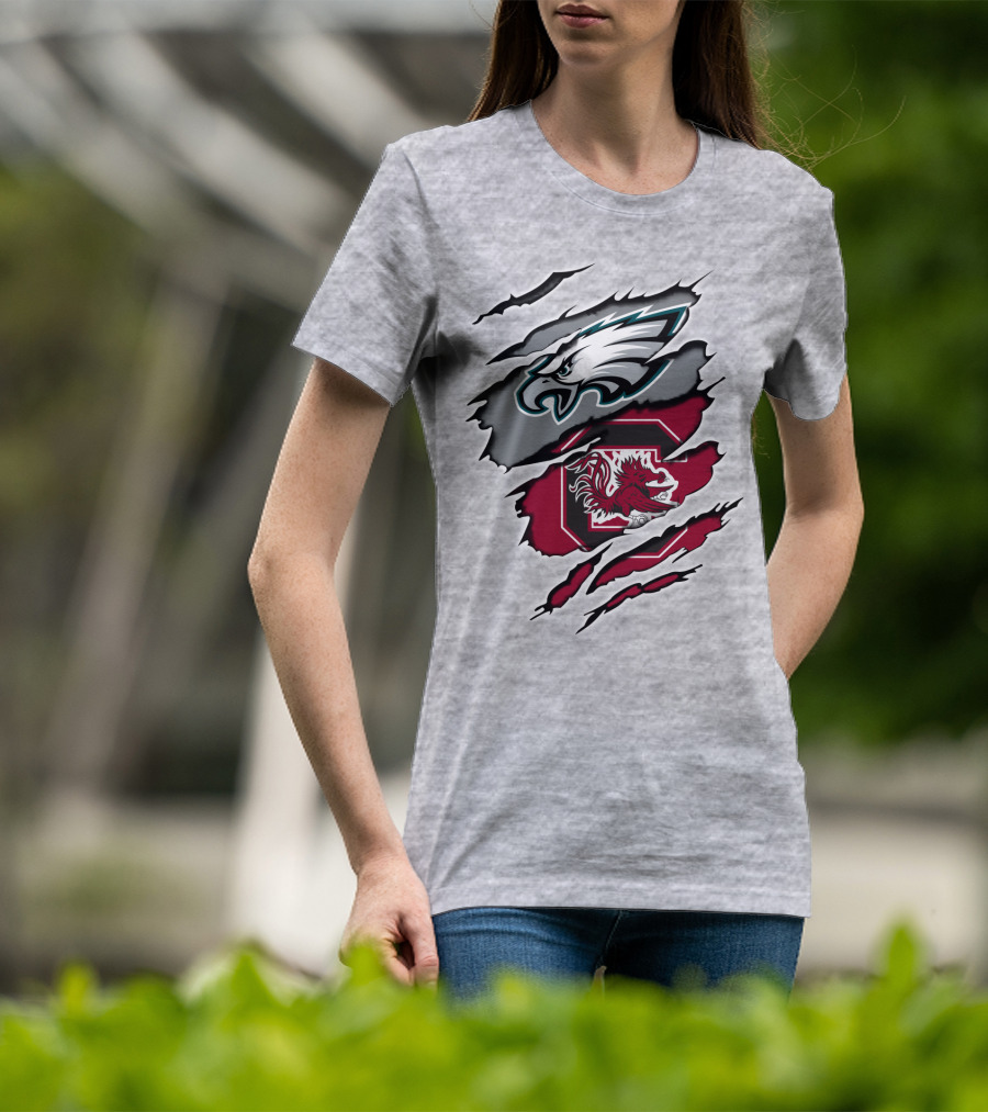 Eagles Gamecocks Logo Clash On Ripped Grey Background T-Shirt