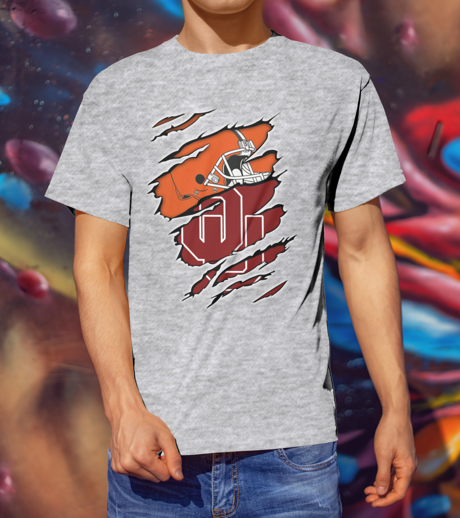 Browns Football Helmet With University Of Oklahoma T-Shirt
