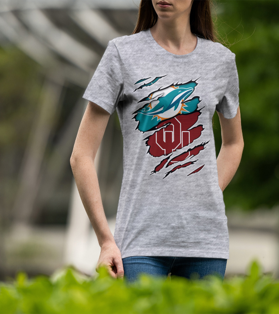 Miami Dolphins Oklahoma Sooners Teal Aqua Crimson Red Blend T-Shirt
