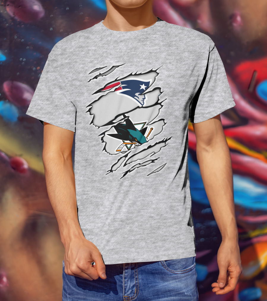 New England Patriots San Jose Sharks Ripped Tear T-Shirt