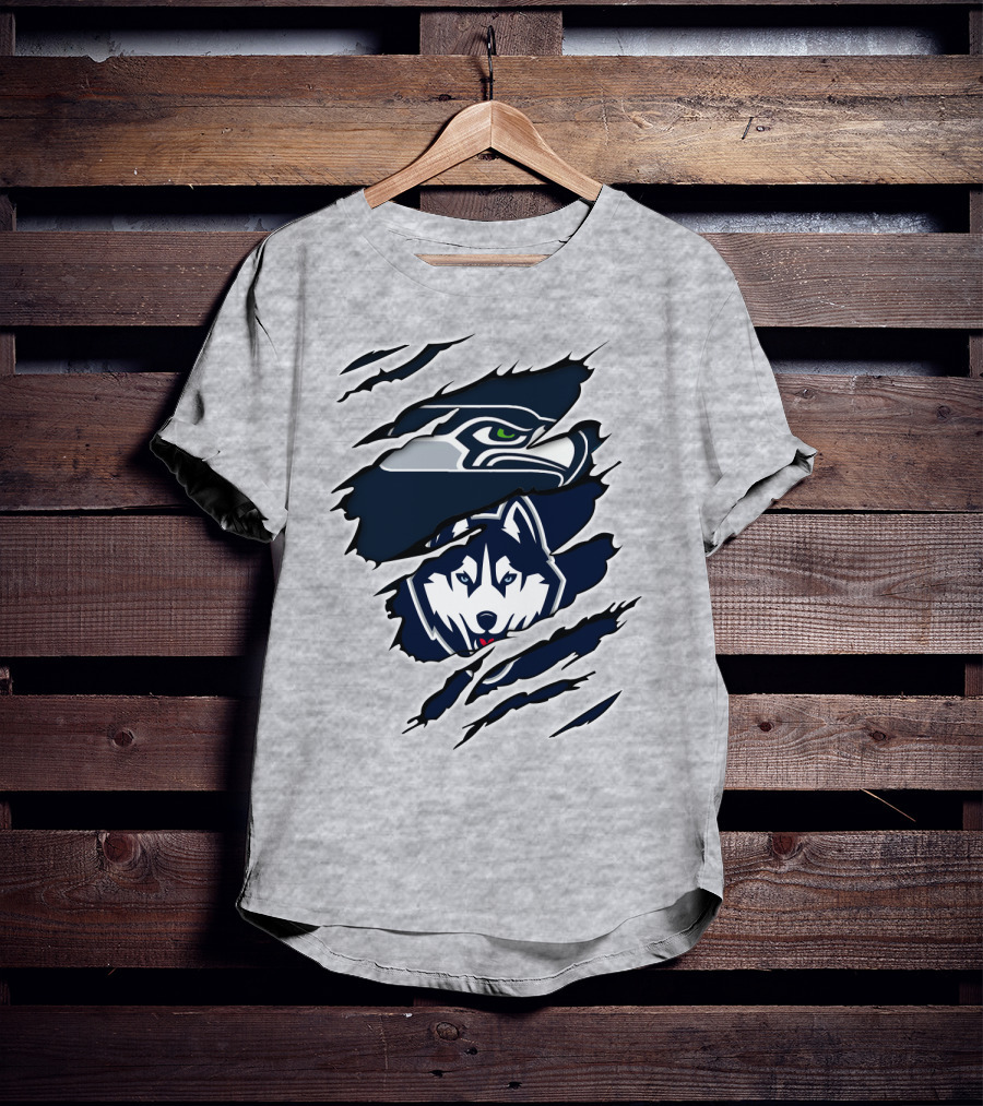 Seahawks Huskies Logo Mashup Aggressive Ripped T-Shirt