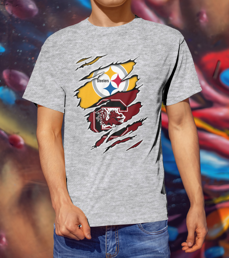 Steelers Gamecocks Logo Mashup With Scratch Marks T-Shirt