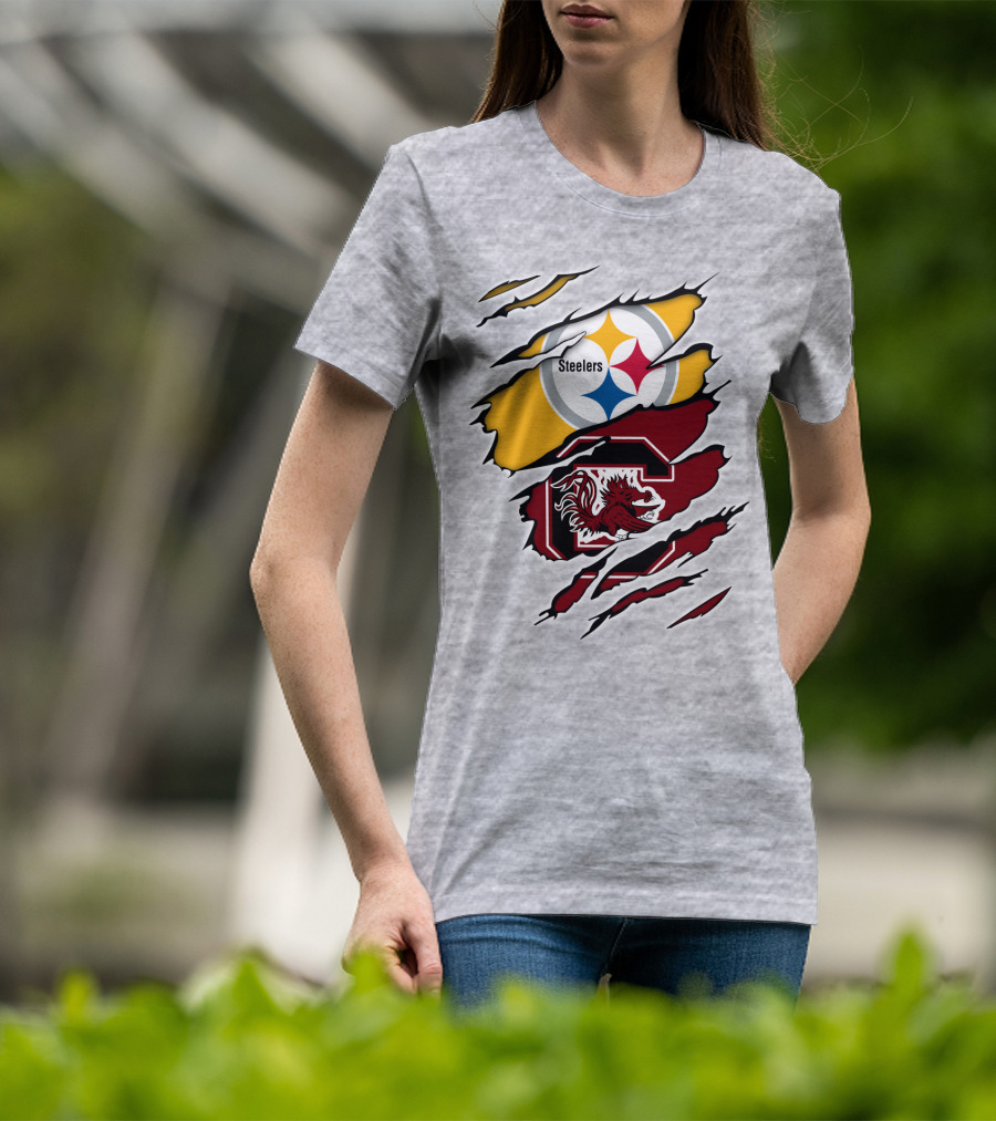 Steelers Gamecocks Logo Mashup With Scratch Marks T-Shirt
