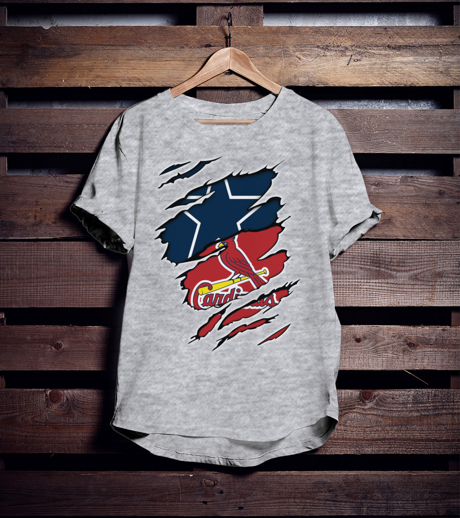 Cowboys Cardinals Star And Bird Logos On Torn Background T-Shirt
