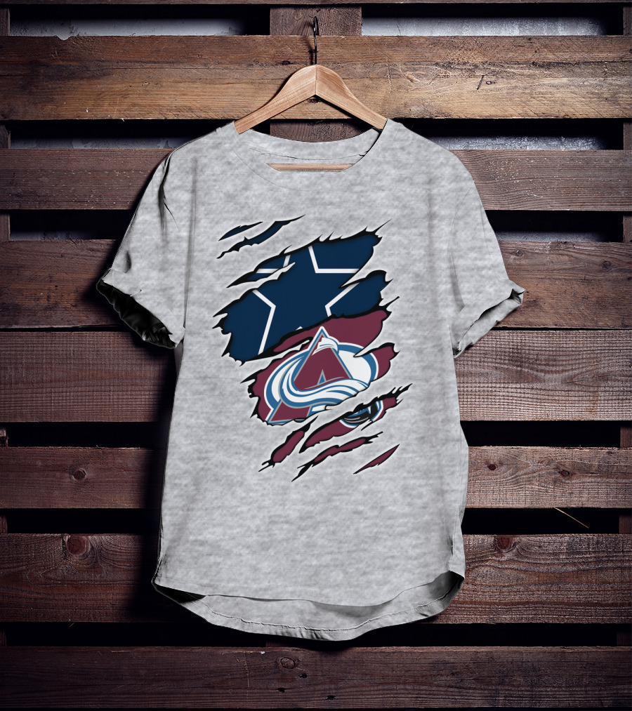 Cowboys And Avalanche Logos Combined Through Torn Fabric T-Shirt