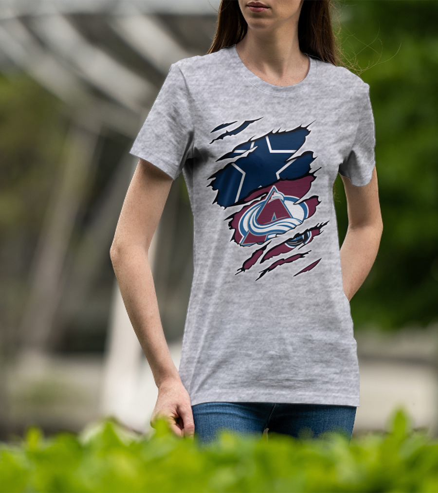 Cowboys And Avalanche Logos Combined Through Torn Fabric T-Shirt