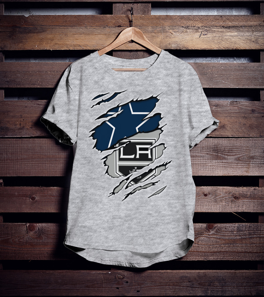 Cowboys Kings LA Logos Behind Torned Blue Star T-Shirt