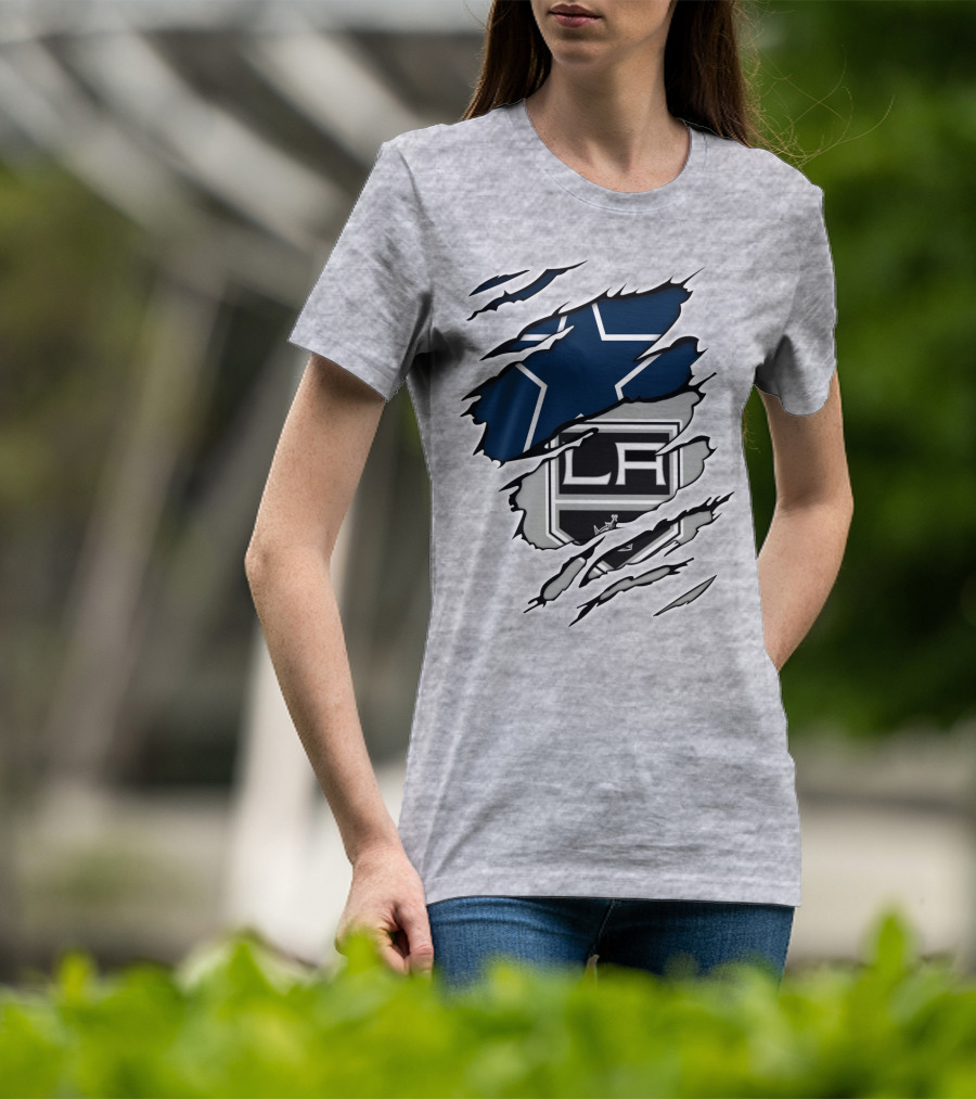 Cowboys Kings LA Logos Behind Torned Blue Star T-Shirt