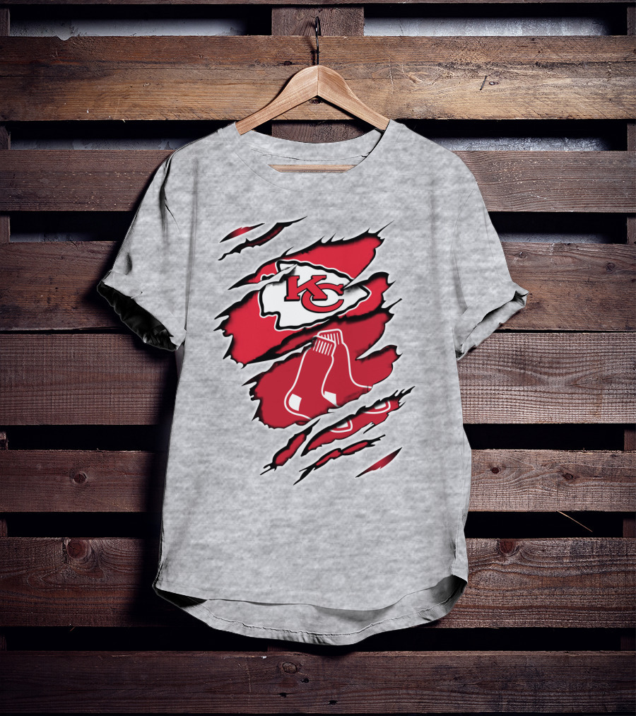 Chiefs Redsox KC Logo And Sox Emblem Torn T-Shirt