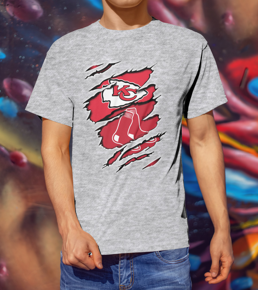Chiefs Redsox KC Logo And Sox Emblem Torn T-Shirt