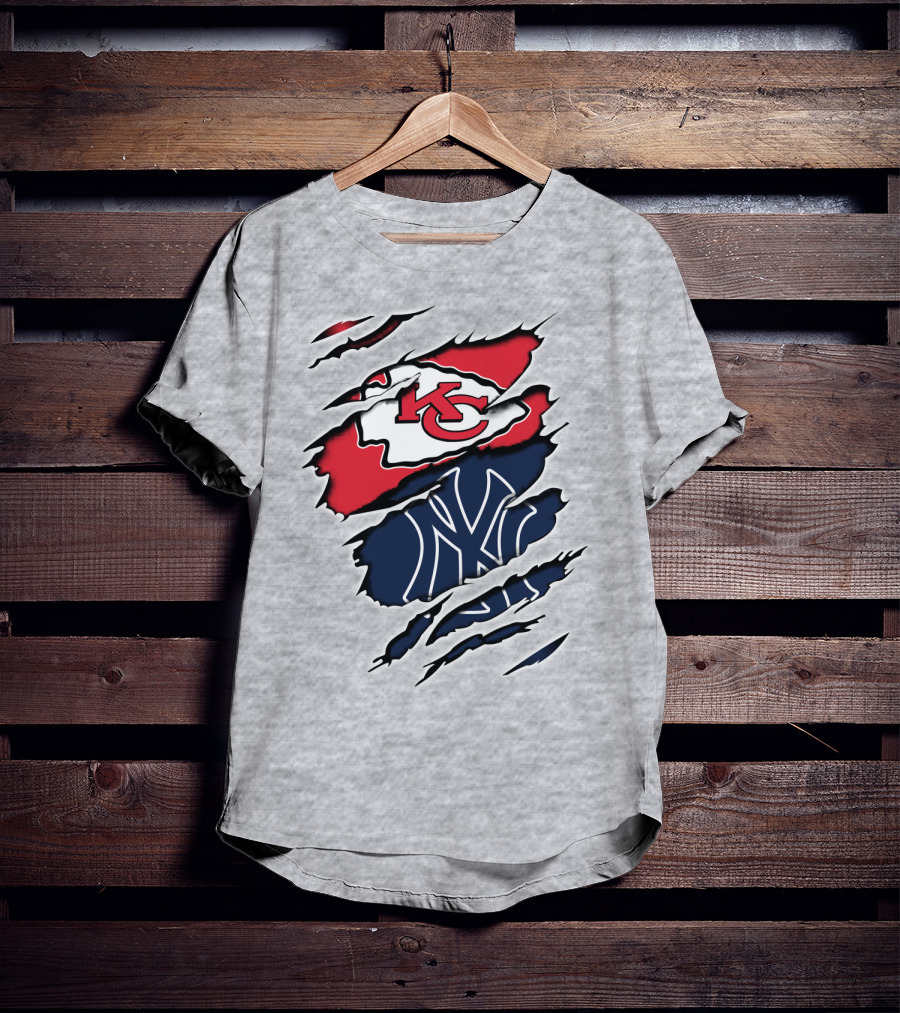Chiefs Yankees KC NY Hybrid Logo Ripped T-Shirt