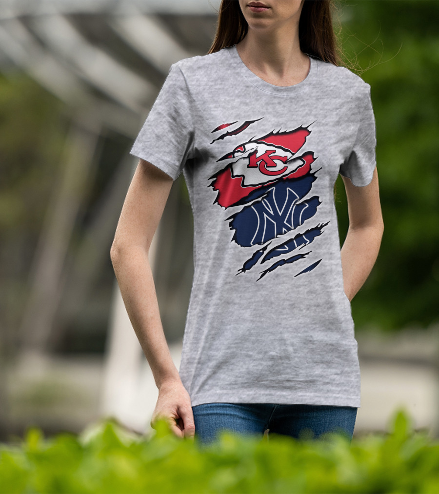 Chiefs Yankees KC NY Hybrid Logo Ripped T-Shirt