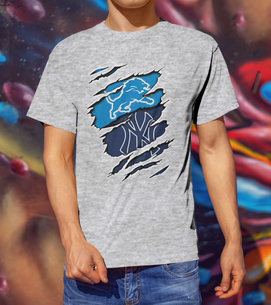 Detroit Lions And New York Yankees Ripped Claw T-Shirt