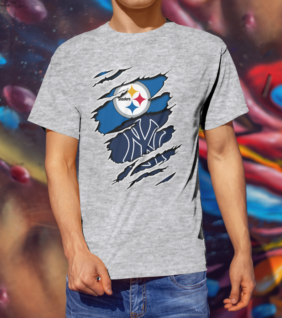 Steelers Yankees Logo Fusion Ripped Effect T-Shirt