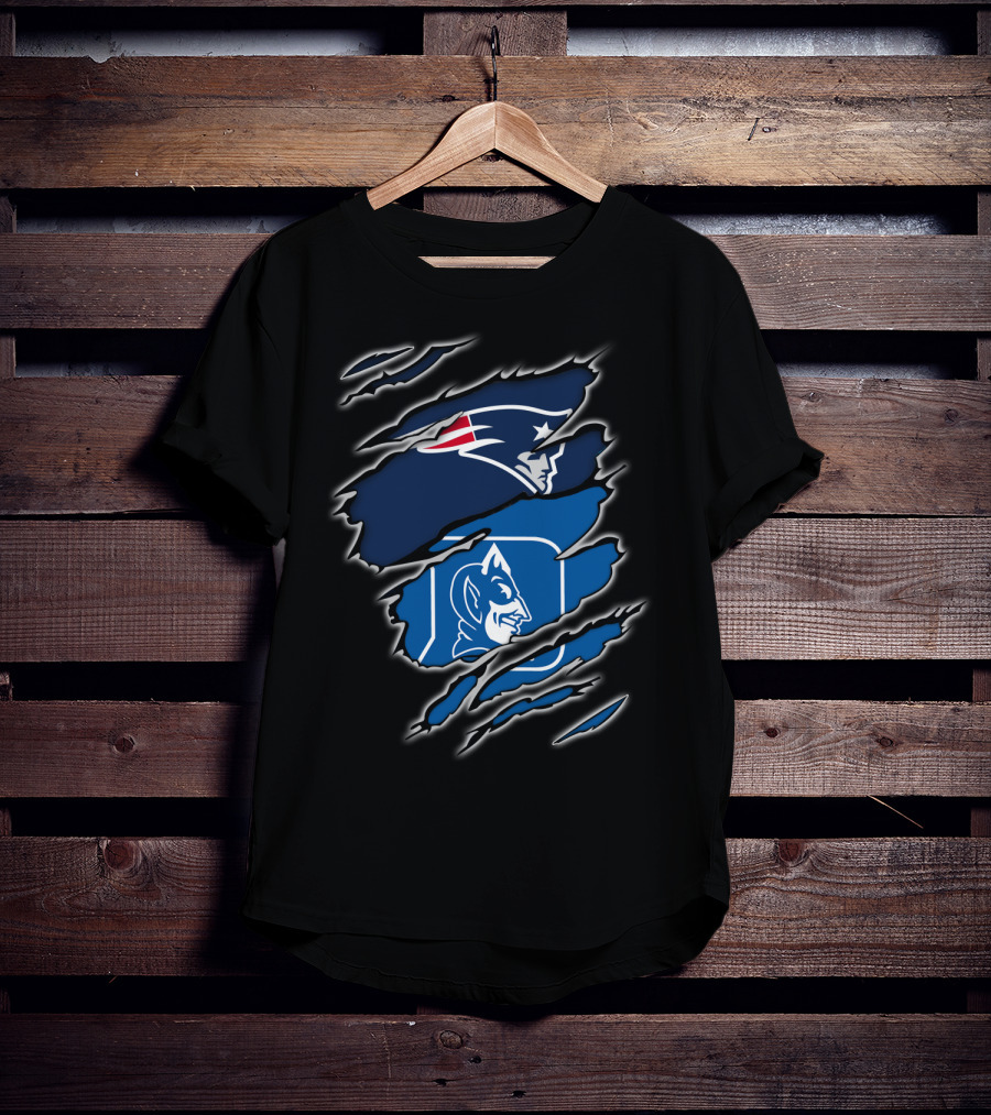 New England Patriots And Duke Blue Devils Logos In Claw Marks T-Shirt
