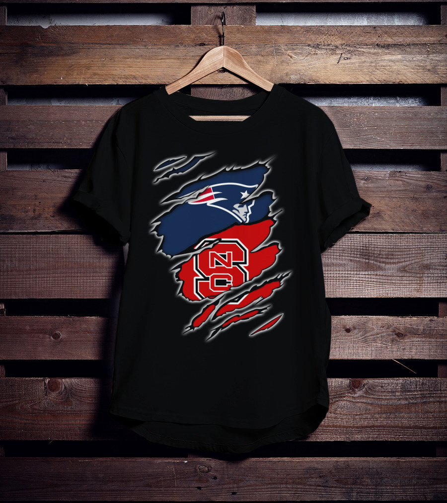 Ripped Design Featuring Patriots Logo And NC State Wolfpack T-Shirt