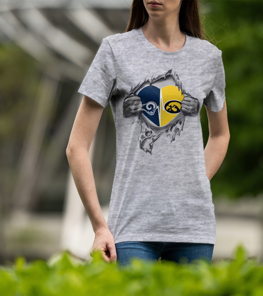 Hawkeyes Rams Split Heart Logo With Ripped Effect T-Shirt